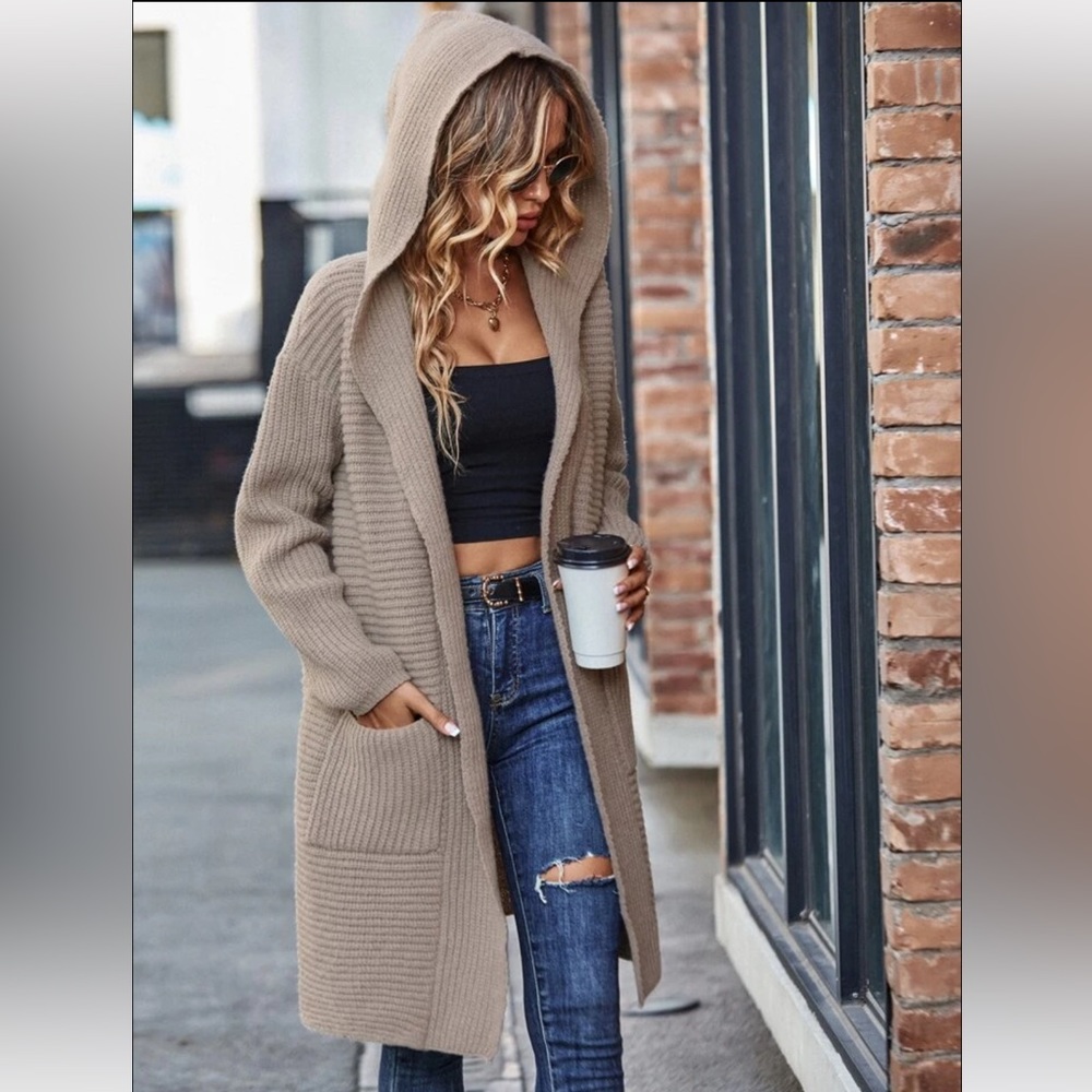 SHEIN Taupe Long Ribbed Open-Front Cardigan - Picture 3 of 5
